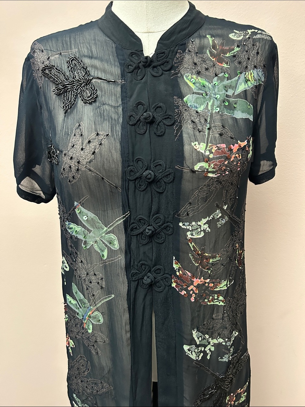 VTG Cache Sheer Black Embroidered Butterfly Duster Asian frog closure sz small - Picture 4 of 16